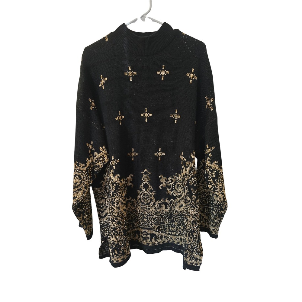 VTG Sheridan Square Black Gold Celestial Whimsigoth Metallic Knit Sweater 2XL
